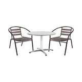BTExpert Indoor Outdoor 23.75" Round Restaurant Table Stainless Steel Silver Aluminum + 2 Bronze Metal Slat Stack Chairs
