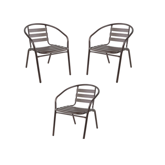 BTExpert Indoor Outdoor Set of 3 Bronze Restaurant Metal Aluminum Slat Stack Chairs Lightweight