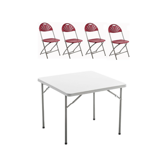BTExpert 5 Piece Table Portable and Chair Set, 34" Square Granite White Plastic Table Portable, 4 Adult floral Red Chairs
