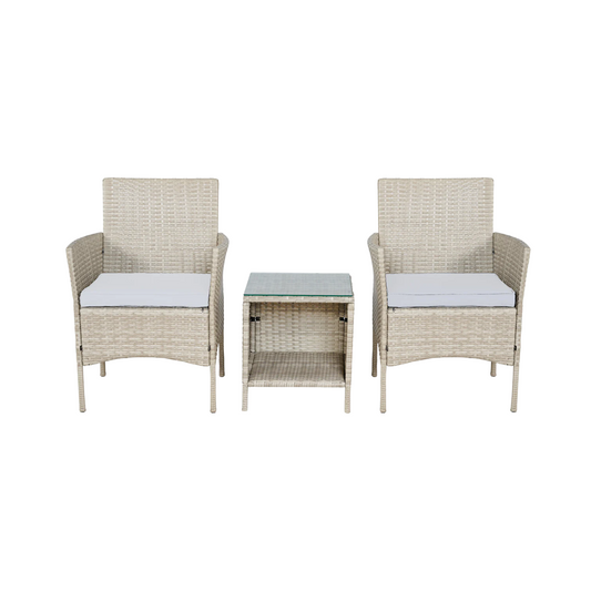 BTExpert Outdoor Wicker 3 piece Set Garden Yard Porch Furniture Space Saving Side storage Glass Table Gray Cream 3pc