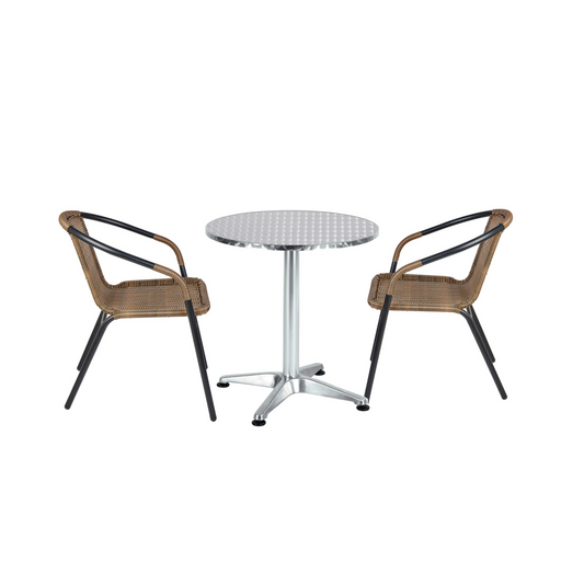 BTExpert Indoor Outdoor 23.75" Round Table Stainless Steel Silver Aluminum + 2 Brown Stack Chairs
