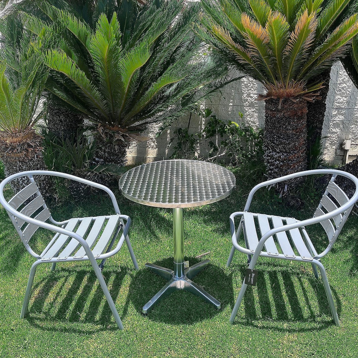 BTExpert 27.5" Round Stainless Steel Table + 2 Silver Gray Slat Chairs, Indoor Outdoor Commercial Lightweight