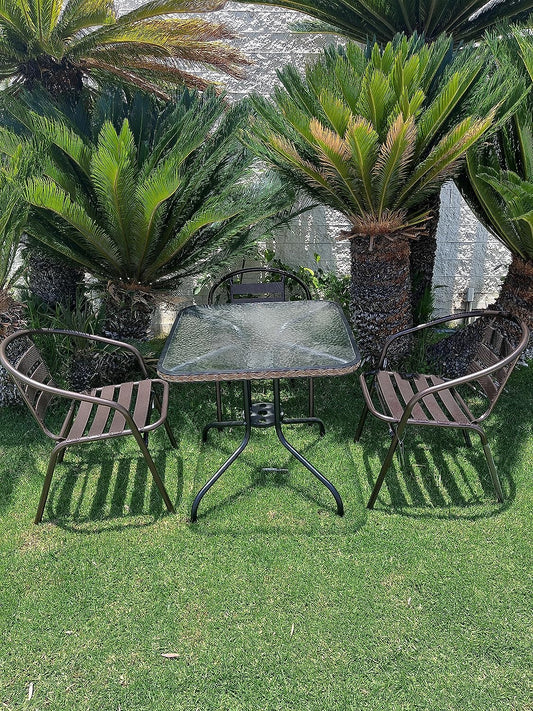 BTExpert Indoor Outdoor 28" Square Tempered Glass Metal Table Brown Rattan Trim + 3 Bronze Restaurant Metal