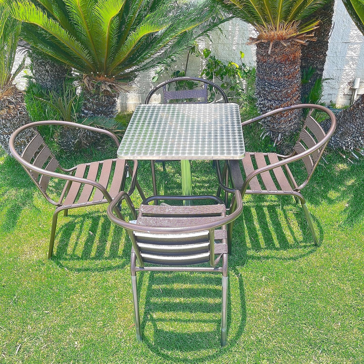 BTExpert 23.75" Square Stainless Steel Table + 4 Bronze Slat Chairs, Indoor Outdoor Commercial Lightweight