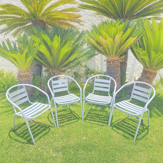 BTExpert 23.75" Round Stainless Steel Table + 4 Silver Gray Slat Chairs, Indoor Outdoor, Lightweight