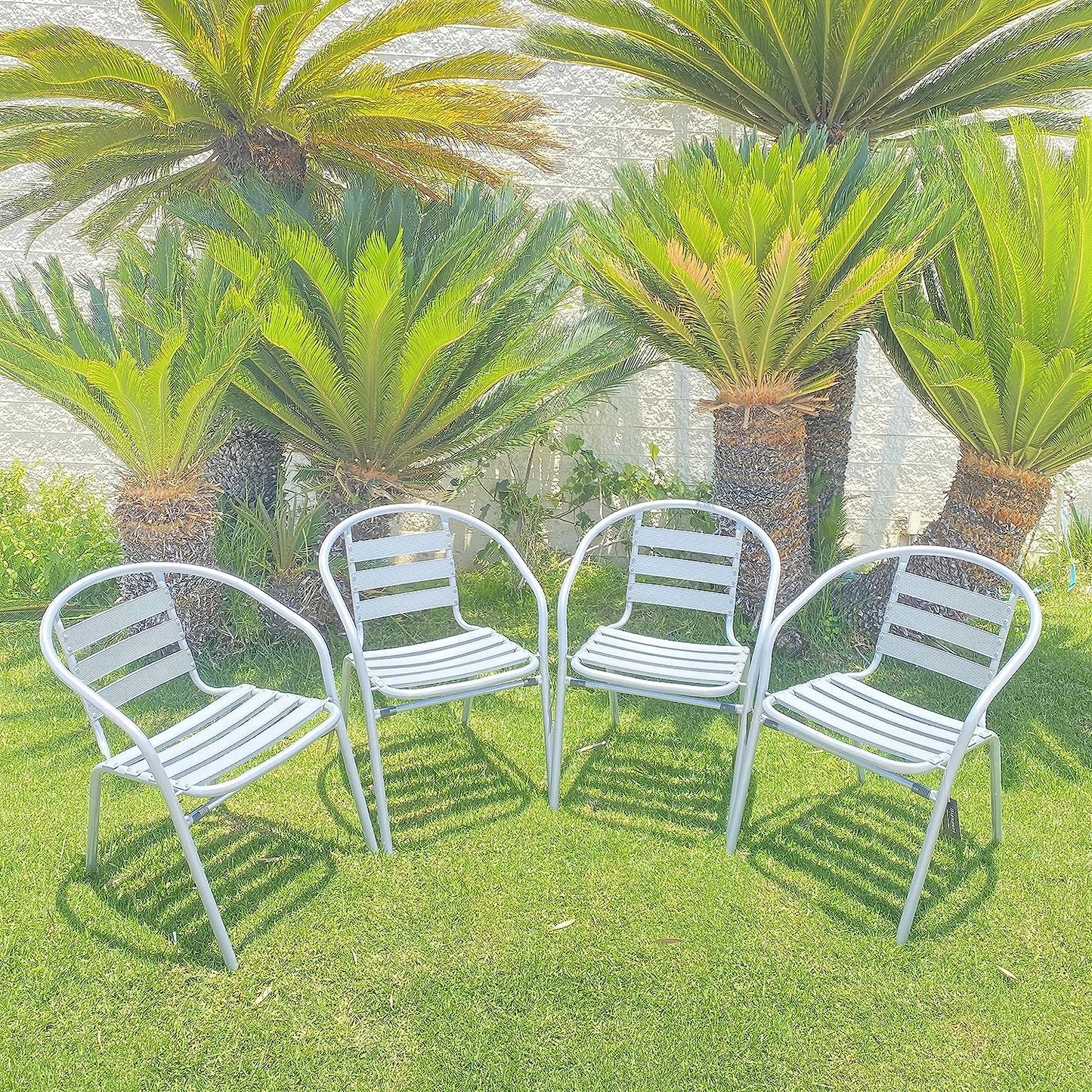 BTExpert Indoor Outdoor 27.5" Round Restaurant Table Stainless Steel Silver Aluminum + 4 Silver Gray Metal Slat Stack Chairs Lightweight