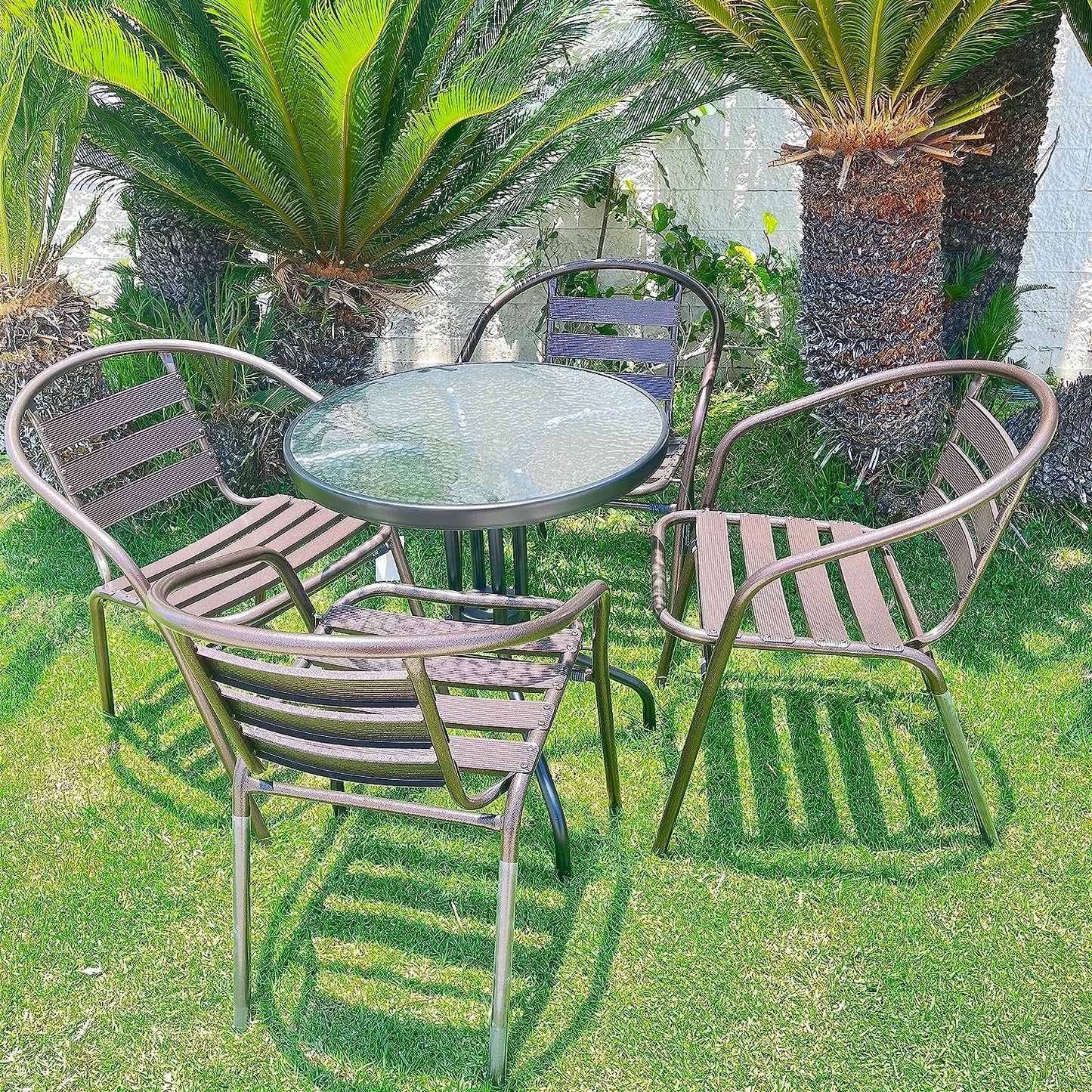 BTExpert 23.75" Round Glass Metal Table Black with 4 Bronze Slat Stack Chairs, Indoor Outdoor Commercial Lightweight