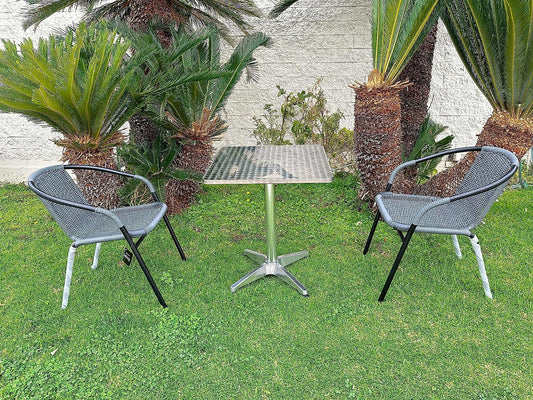 BTExpert 27.5" Square Restaurant Table Stainless Steel with 2 Gray Rattan Stack Chairs, Indoor Outdoor Commercial Lightweight