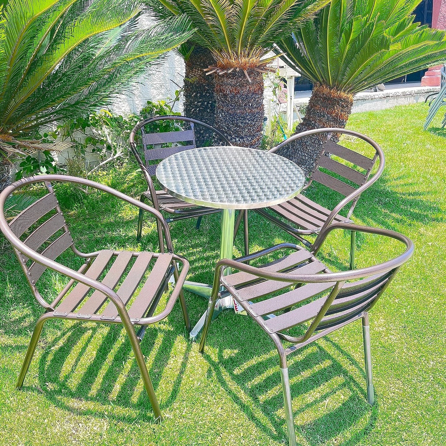 BTExpert Indoor Outdoor 23.75" Round Restaurant Table Stainless Steel Silver Aluminum + 4 Bronze Metal Slat Stack Chairs