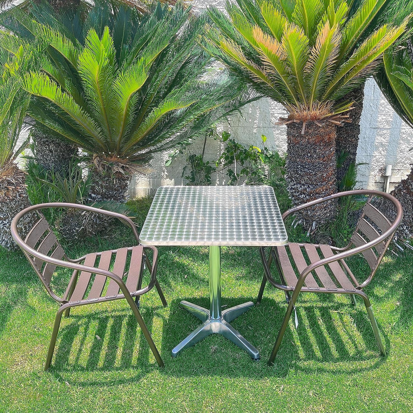 BTExpert Indoor Outdoor 27.5" Square Restaurant Table Stainless Steel Silver Aluminum + 2 Bronze Metal Slat Stack Chairs