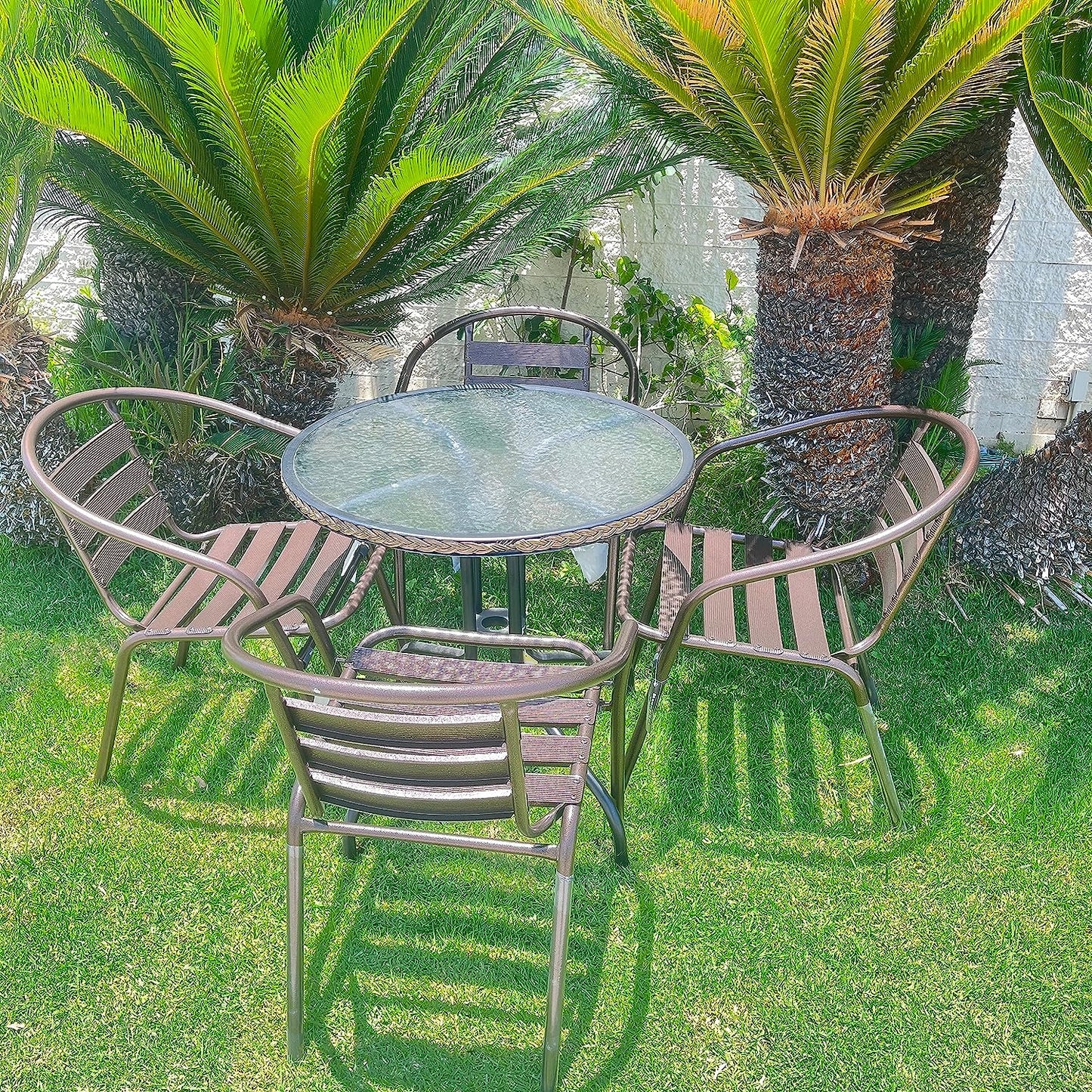 BTExpert 28" Round Glass Metal Table Brown Rattan Trim with 4 Bronze Slat Stack Chairs, Indoor Outdoor Lightweight