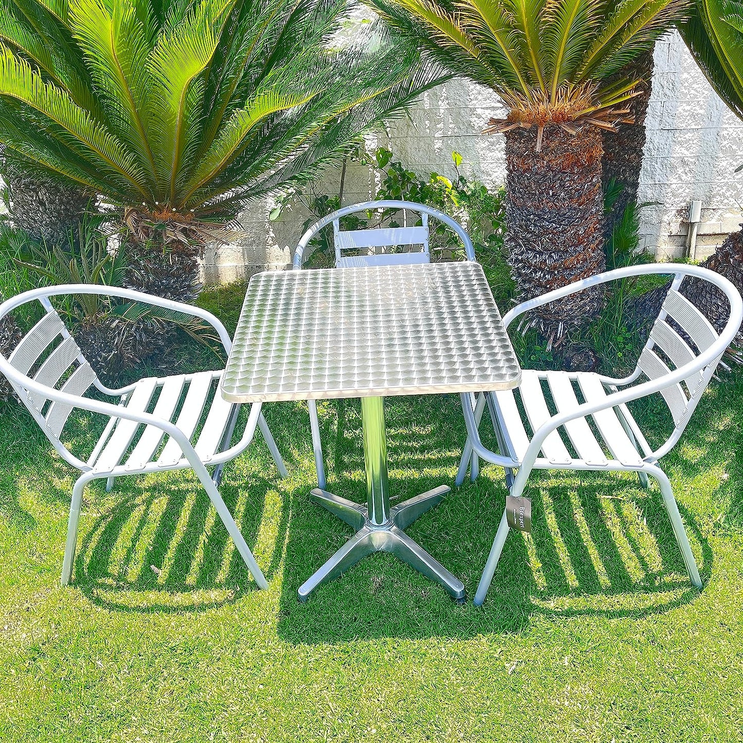BTExpert 23.75" Square Stainless Steel Table + 3 Silver Gray Slat Chairs, Indoor Outdoor Commercial Lightweight