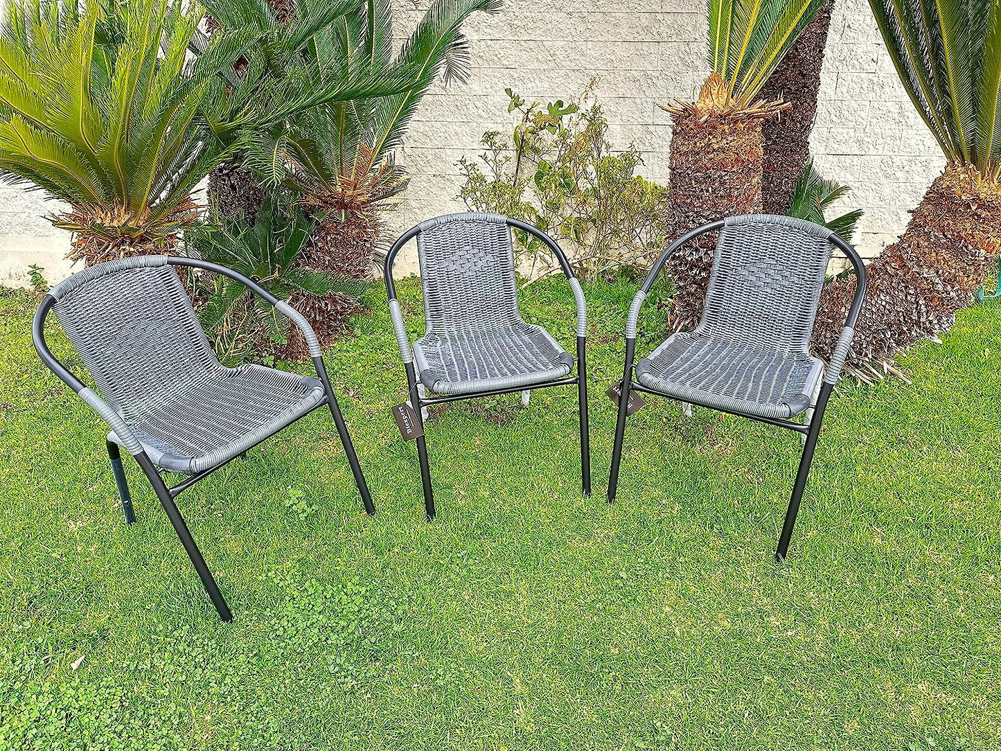 BTExpert 27.5" Square Restaurant Table Stainless Steel with 3 Gray Rattan Stack Chairs, Indoor Outdoor Commercial Lightweight