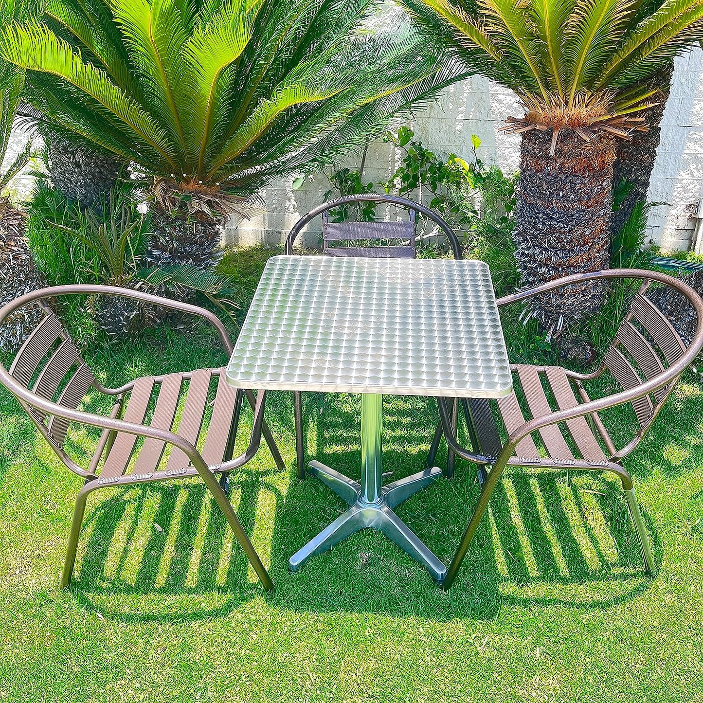 BTExpert Indoor Outdoor 27.5" Square Restaurant Table Stainless Steel Silver Aluminum + 3 Bronze Metal Slat Stack Chairs