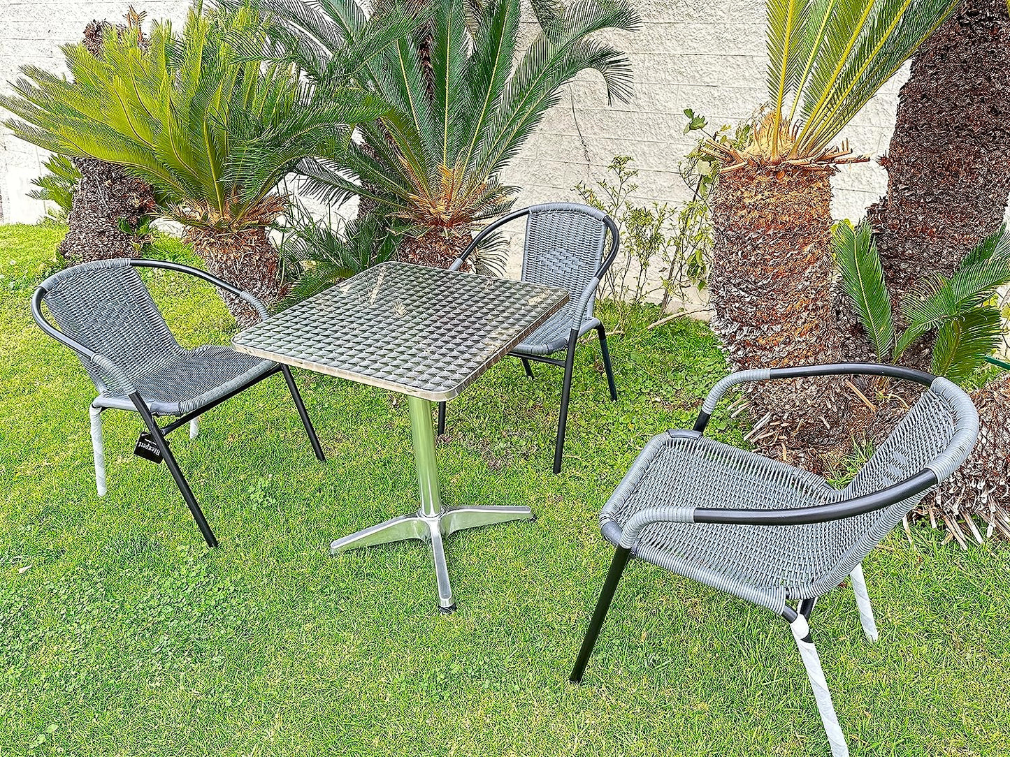 BTExpert 27.5" Square Restaurant Table Stainless Steel with 3 Gray Rattan Stack Chairs, Indoor Outdoor Commercial Lightweight