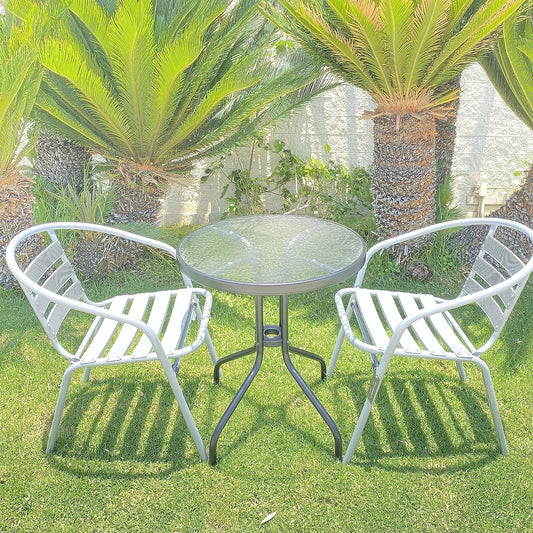 BTExpert 23.75" Round Glass Metal Table Black with 2 Silver Gray Slat Stack Chairs, Indoor Outdoor Lightweight