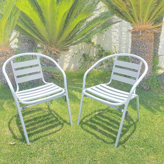 BTExpert 23.75" Round Stainless Steel Table + 2 Silver Gray Slat Chairs, Indoor Outdoor Commercial Lightweight