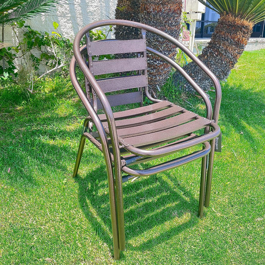 BTExpert Indoor Outdoor 23.75" Round Restaurant Table Stainless Steel Silver Aluminum + 2 Bronze Metal Slat Stack Chairs