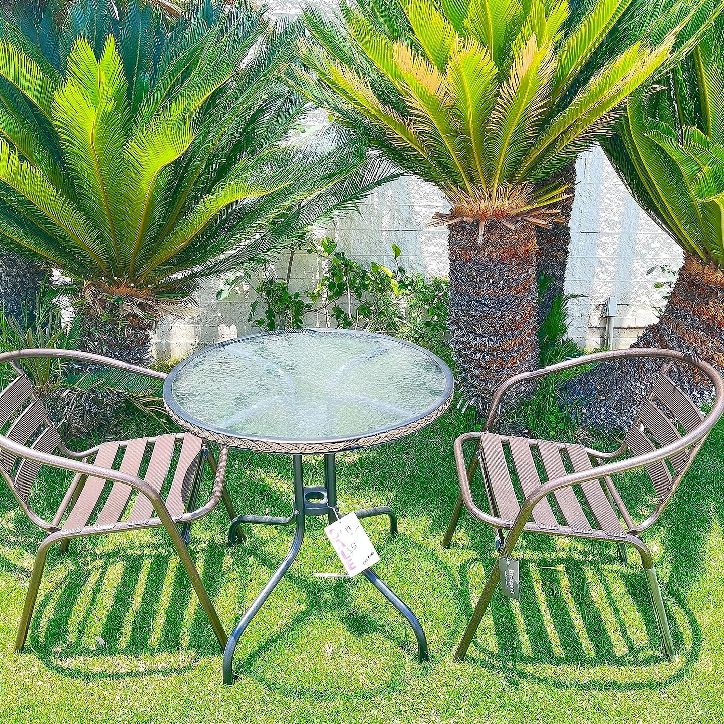 BTExpert 28" Round Glass Metal Table Brown Rattan Trim with 2 Bronze Slat Stack Chairs, Indoor Outdoor Lightweight
