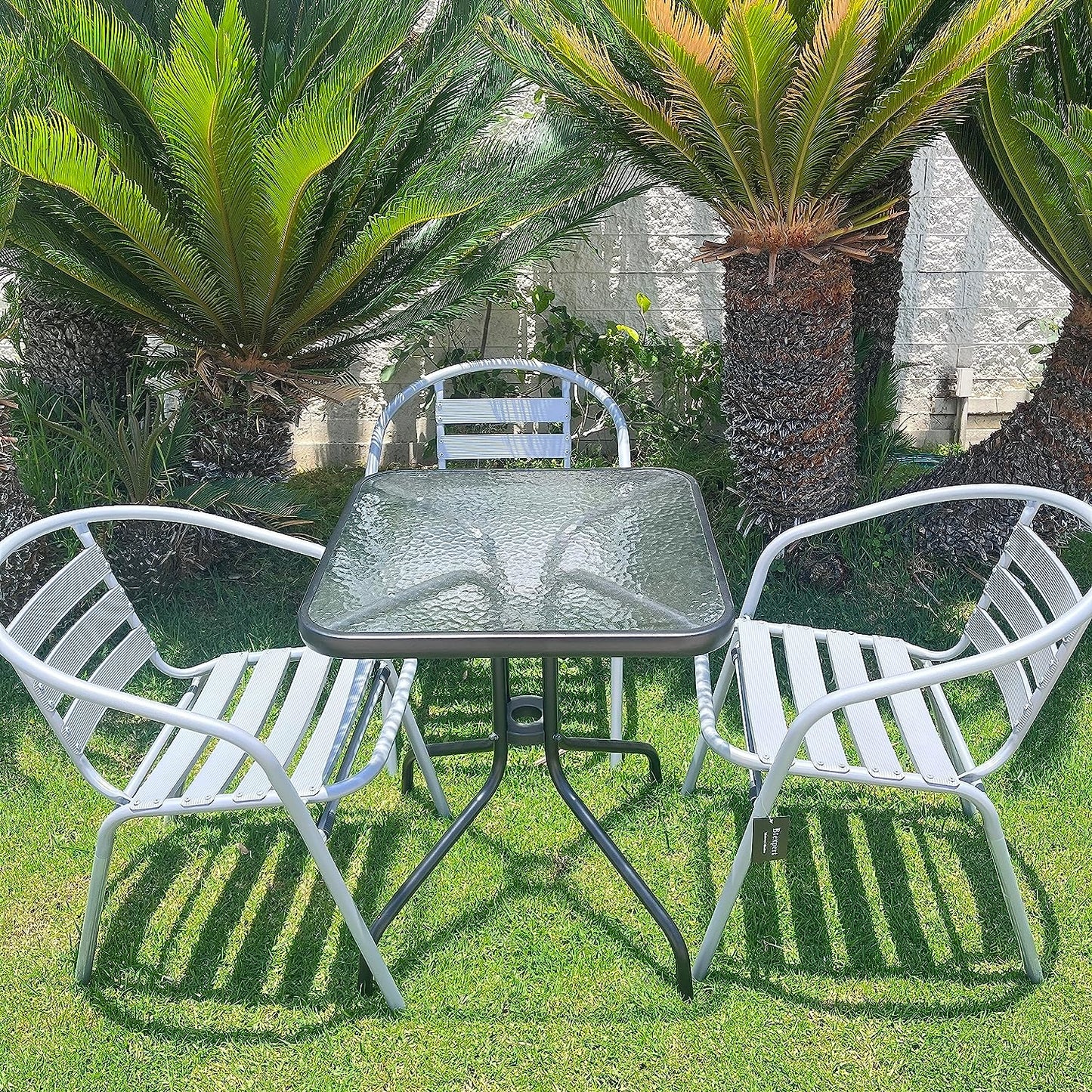 BTExpert 23.75" Square Glass Metal Table Black with 3 Silver Gray Slat Stack Chairs, Indoor Outdoor Lightweight