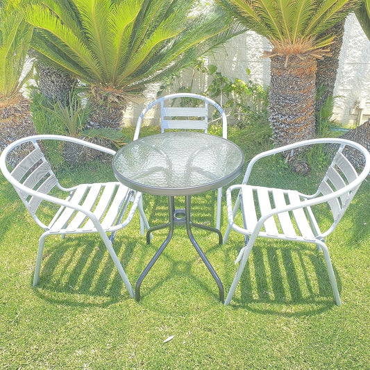 BTExpert 23.75" Round Glass Metal Table Black with 3 Silver Gray Slat Stack Chairs, Indoor Outdoor Lightweight Set