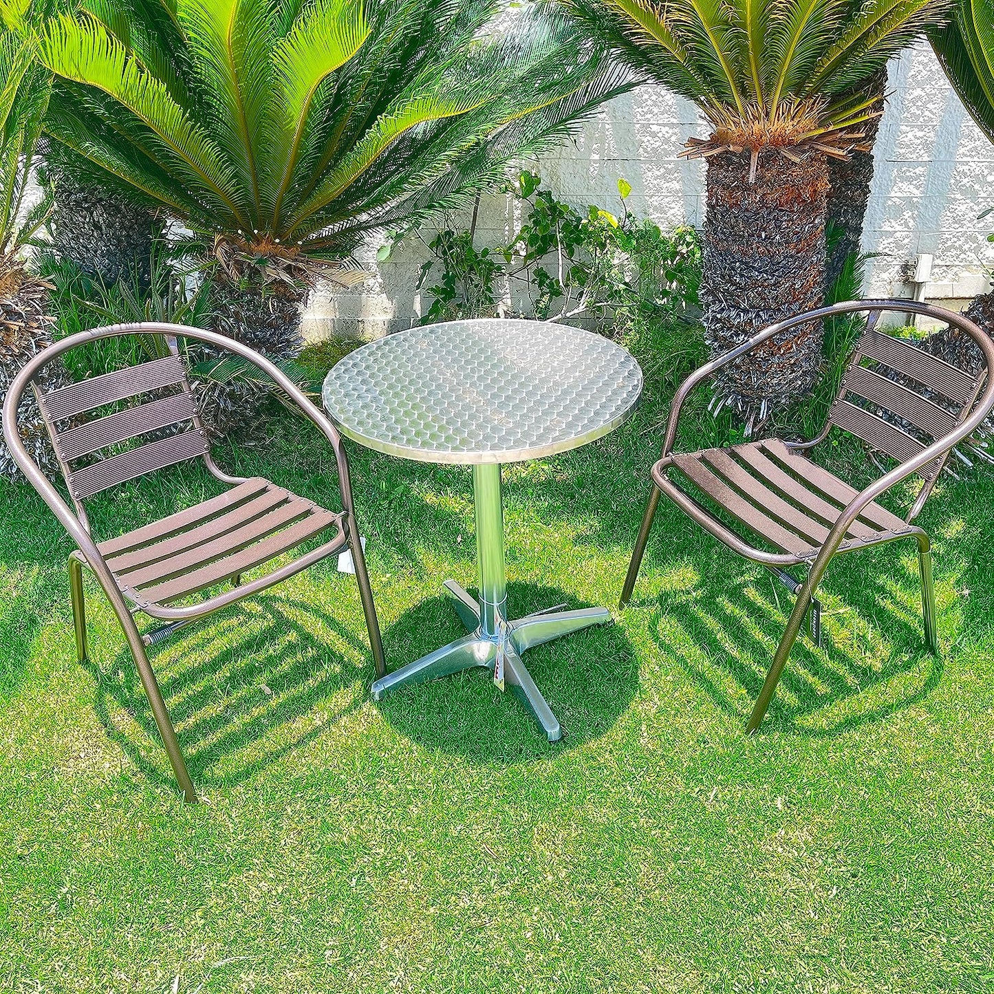 BTExpert Indoor Outdoor 23.75" Round Restaurant Table Stainless Steel Silver Aluminum + 2 Bronze Metal Slat Stack Chairs