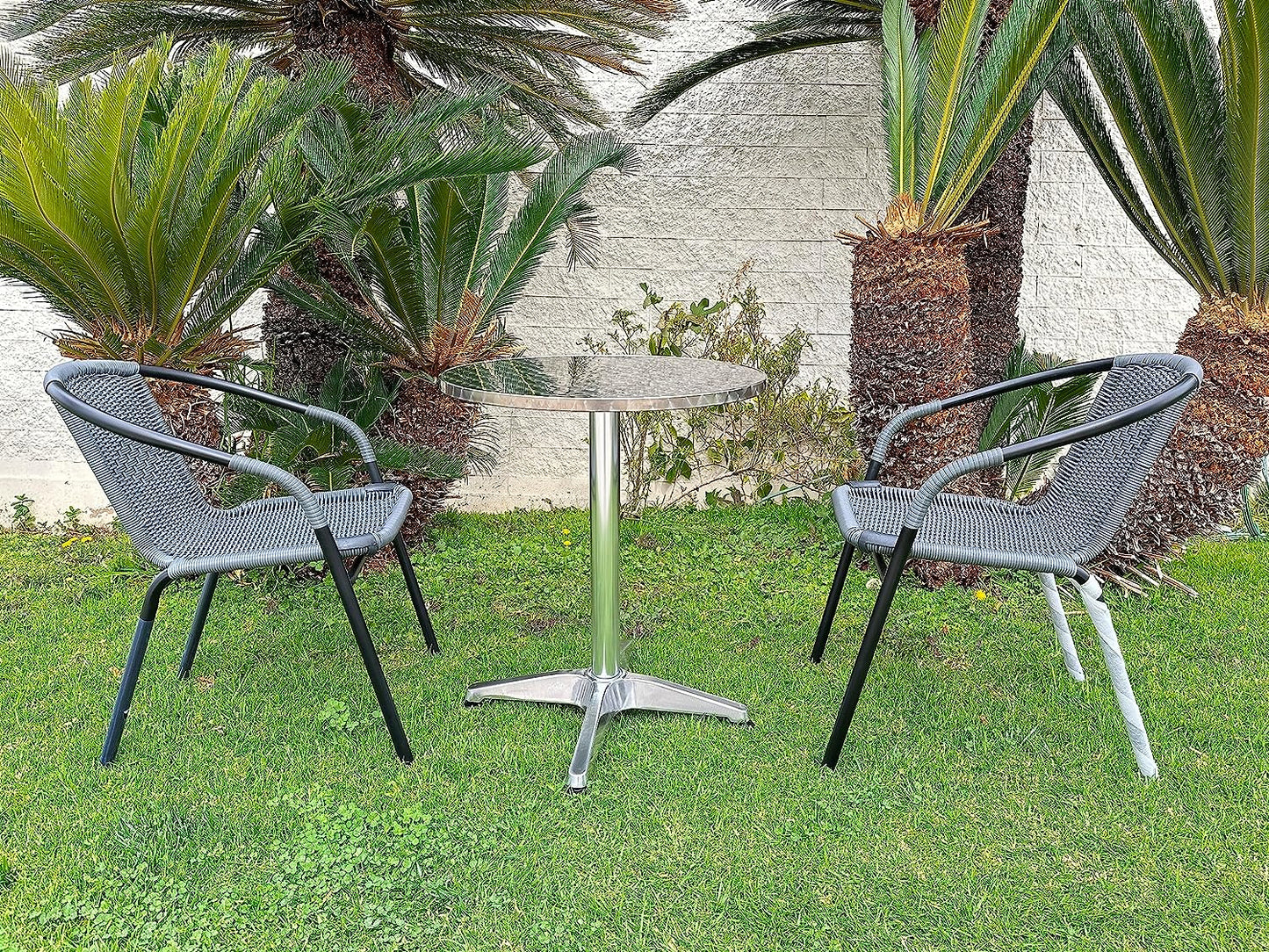 BTExpert 27.5" Round Restaurant Table Stainless Steel with 2 Gray Rattan Stack Chairs, Indoor Outdoor Commercial Lightweight