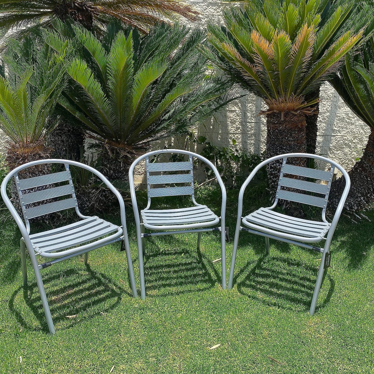 BTExpert 23.75" Round Stainless Steel Table + 3 Silver Gray Metal Slat Stack Chairs, Indoor Outdoor Commercial Lightweight