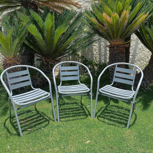 BTExpert 23.75" Square Stainless Steel Table + 3 Silver Gray Slat Chairs, Indoor Outdoor Commercial Lightweight