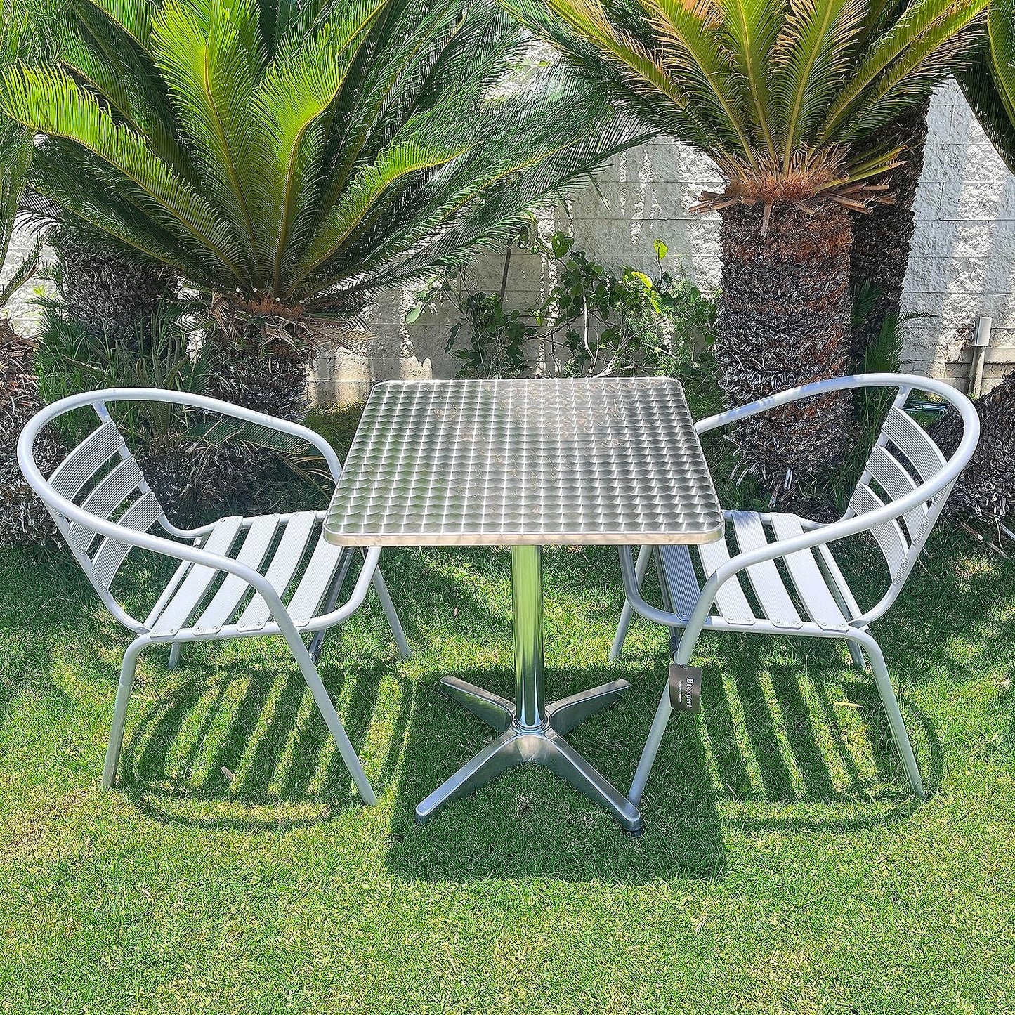 BTExpert 23.75" Square Stainless Steel Table + 2 Silver Gray Slat Stack Chairs, Indoor Outdoor Commercial Lightweight