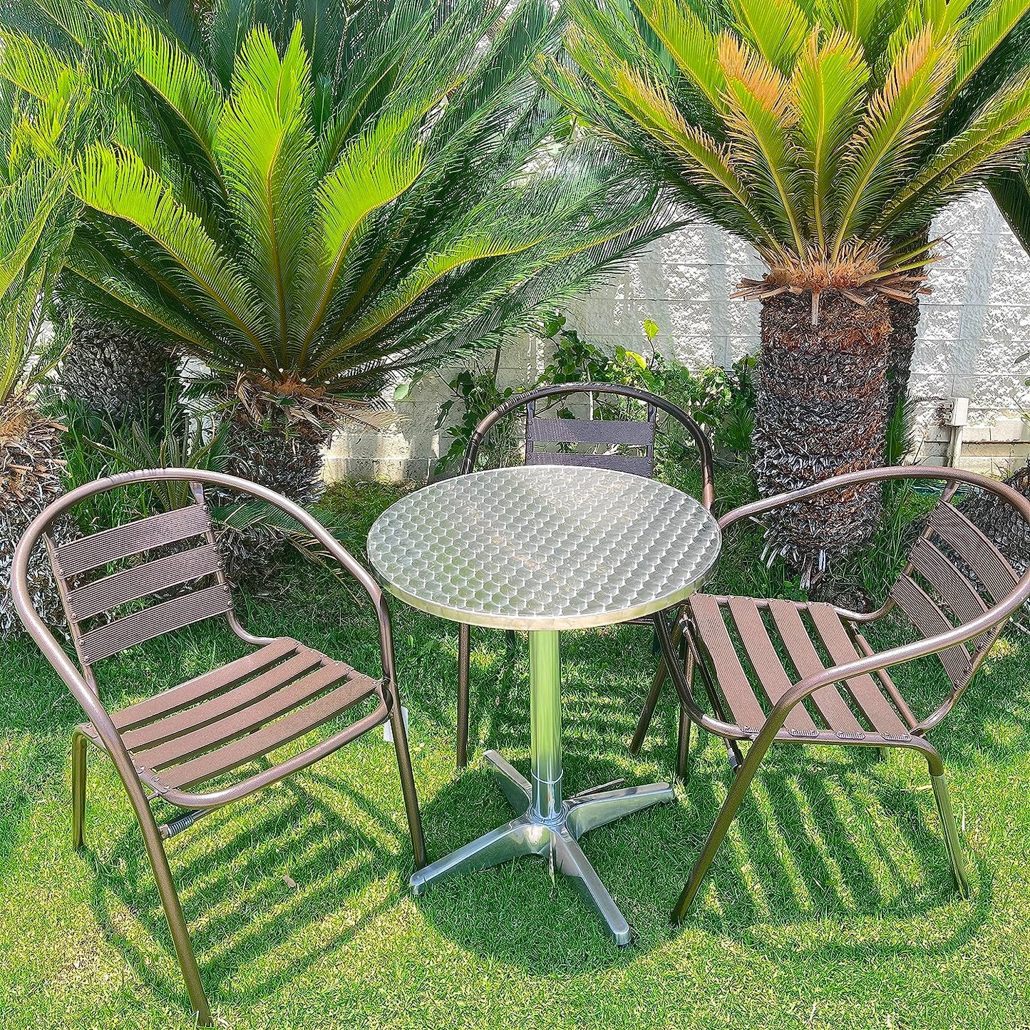 BTExpert 27.5" Round Stainless Steel Table + 3 Bronze Slat Chairs, Indoor Outdoor Commercial Lightweight