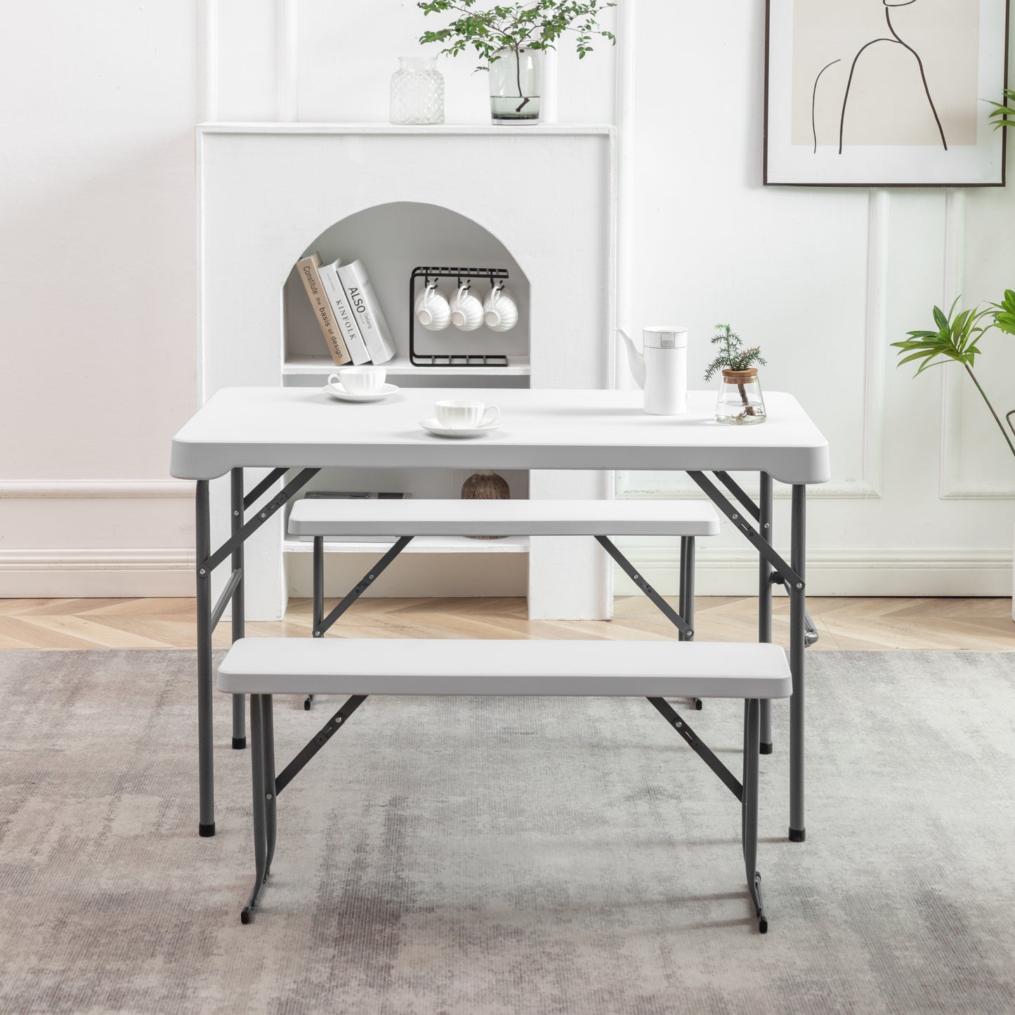 BTExpert 3-Piece Set Plastic Portable Folding Beer Picnic Table & Two Benches Seats Foldable