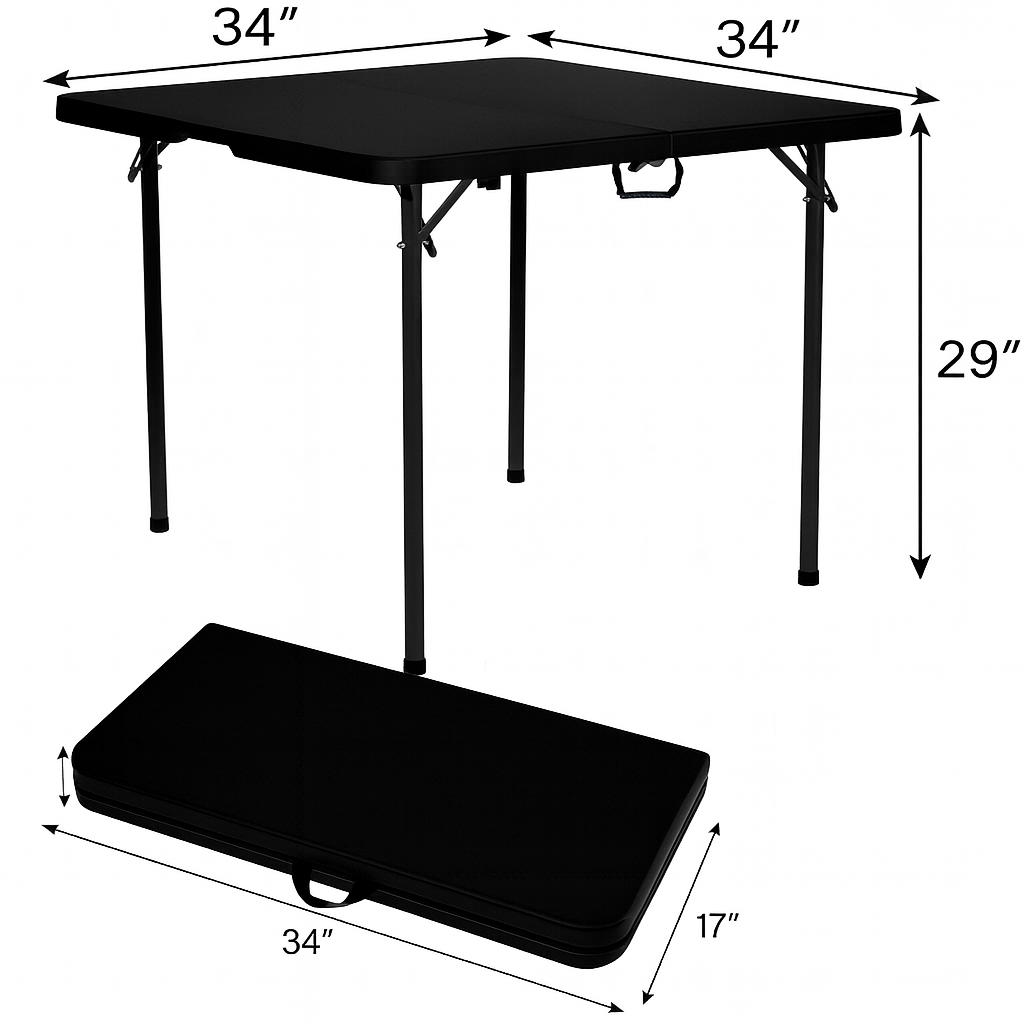 BTExpert 34" Square Folding Card Table Fold in Half Utility Commercial Table Dining Portable Indoor Outdoor Picnic Party Camping Lightweight Heavy Duty HDPE Black Plastic Foldable with Carrying Handle
