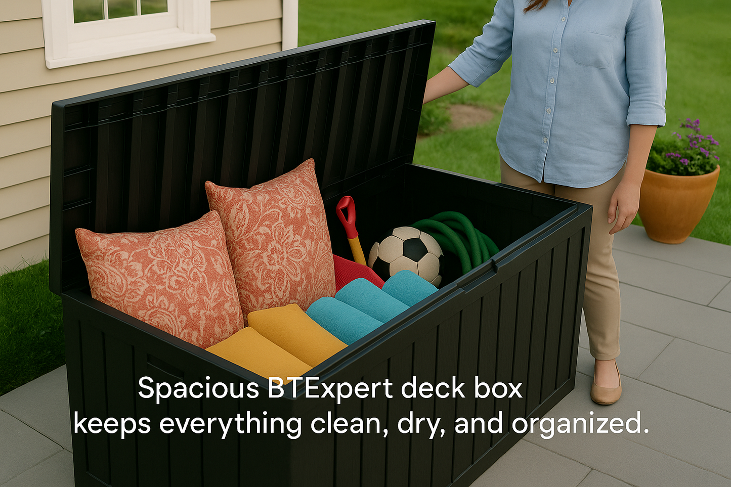 BTEXPERT 75 Gallon Resin Deck Box, Outdoor Storage Container for Patio Furniture Garden Tools Cushions Pool Sports Equipment Waterproof Lockable Stainless Steel insert UV Resistant Set of 2
