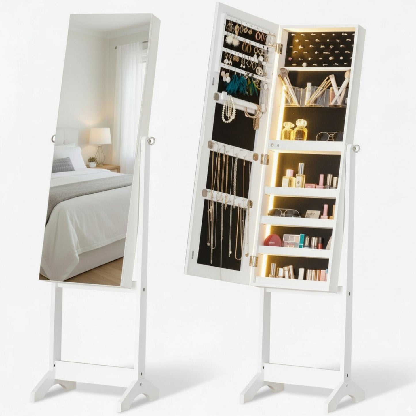 BTEXPERT Large Storage Jewelry Mirror Organizer with Frameless Free Standing Jewelry Cabinet White