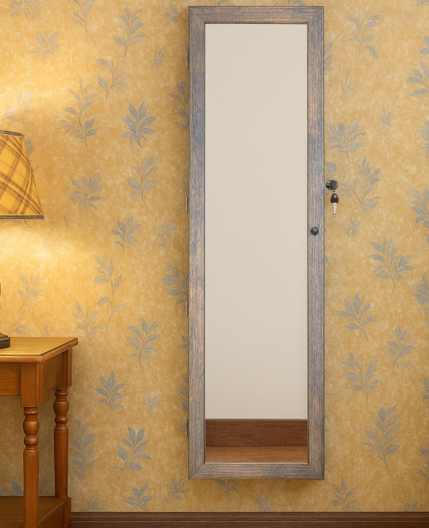 BTEXPERT 47" Mirror Jewelry Cabinet Armoire with 6 LED Lights, Large Full Length Jewelry Organizer with Storage, Wall-Mounted or Door-Hanging Mirror Cabinet, Rustic Brown,Lock Key