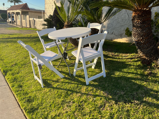 BTExpert White 32" Round Folding Table 30" High 4 Resin Chairs Set – Commercial Portable Dining Coffee Card Table, Vinyl Padded Seats