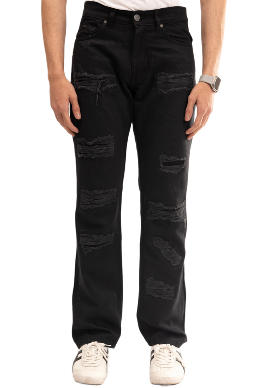 BTEXPERT Men’s Black Ripped Jeans Rigid Distressed Straight Leg Denim Pants Casual Streetwear Mid Rise Loose Relaxed Fit 5 Pocket Comfortable Everyday Wear Urban Style Trendy Fashion M1 Black 28