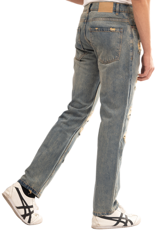 BTEXPERT Men’s Vintage Rip & Repair Jeans Loose Relaxed Straight Denim Pants Faded Wash Retro Y2K Style Frayed Rigid Distressed Mid Waist Casual Streetwear Everyday Look M1 Light Tint 36