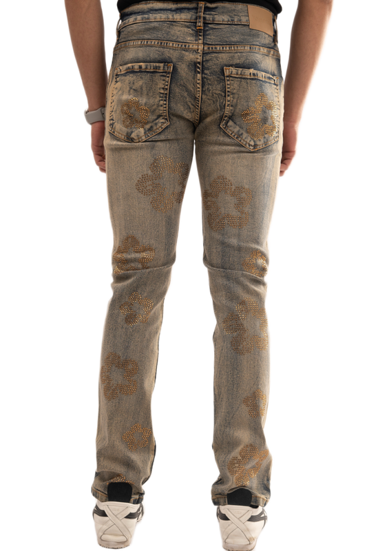 BTEXPERT Mens Rhinestone Jeans Slim fit Straight leg Denim Pants Vintage Wash Embellished Floral Design Designer Fashion Streetwear Casual Statement Jeans Comfortable Daily Wear M3 Light Tint 32