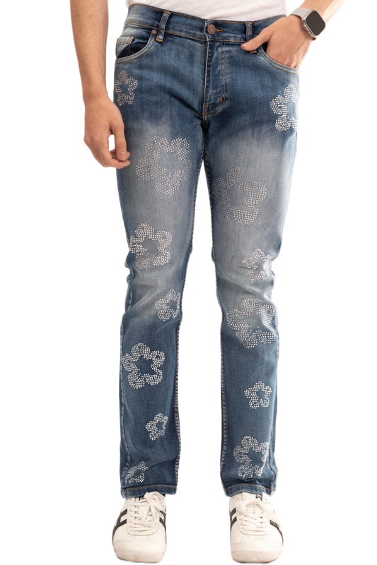 BTEXPERT Mens Jeans, Distressed Rhinestone Embellished Slim Fit Straight Leg Stretch Denim Pants, Fashion Streetwear Jeans for Men, Comfortable Casual Daily Wear M3 Blue 28