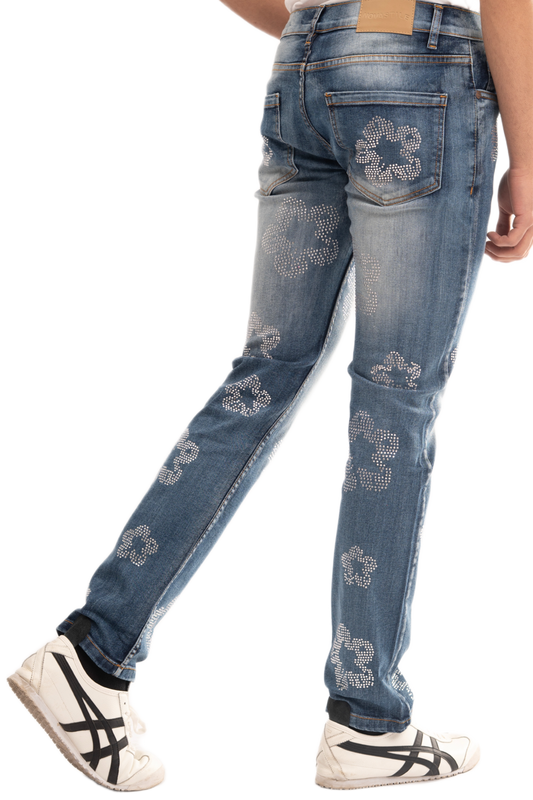 BTEXPERT Mens Jeans, Distressed Rhinestone Embellished Slim Fit Straight Leg Stretch Denim Pants, Fashion Streetwear Jeans for Men, Comfortable Casual Daily Wear M3 Blue 28