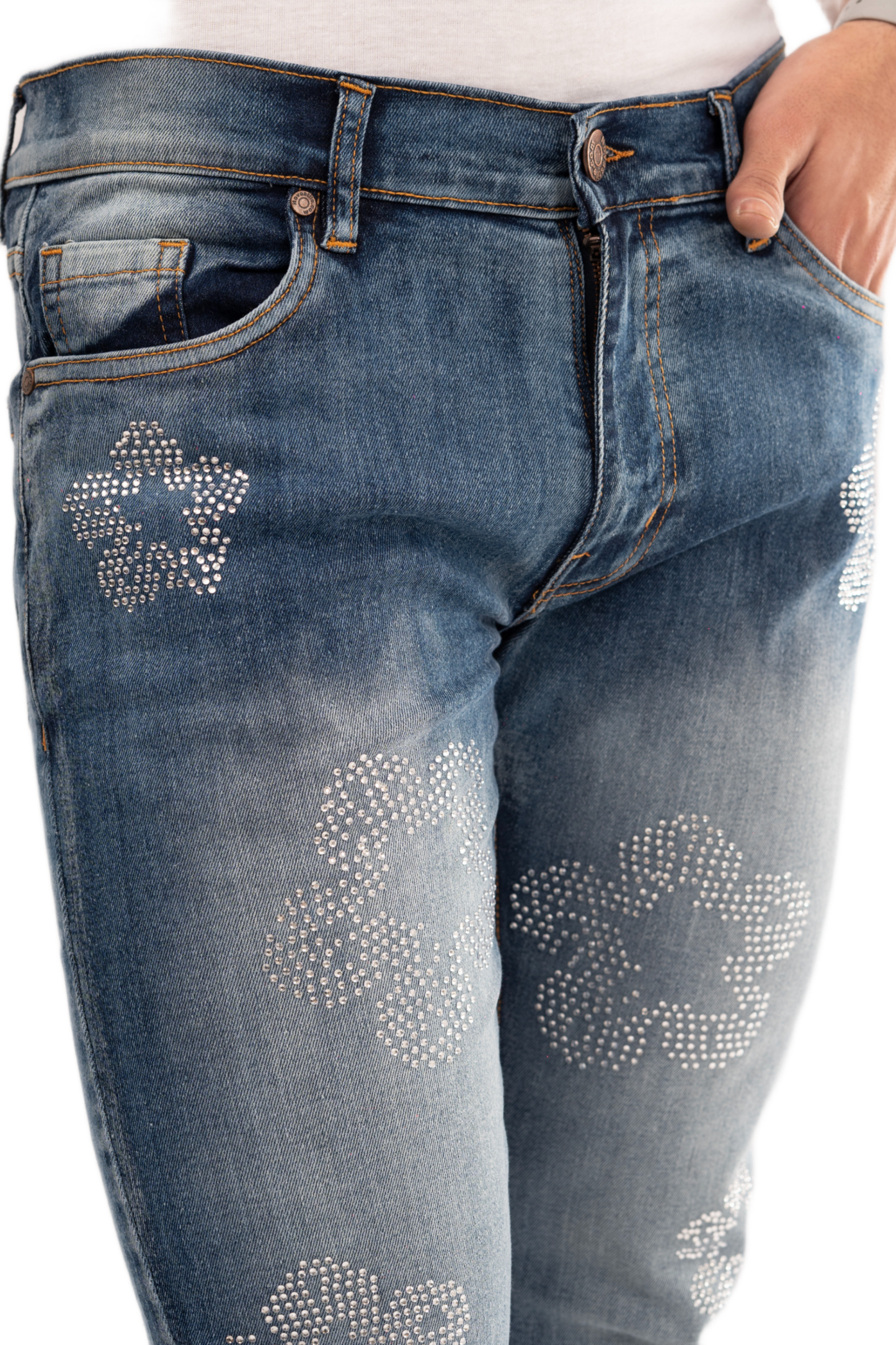 NOVASTILE Men’s Rhinestone Embellished Stretch Jeans Floral Studded Denim Pants Slim fit Straight leg Washed Blue Y2K Fashion Statement Designer Style Casual Party Wear M3 Blue 34