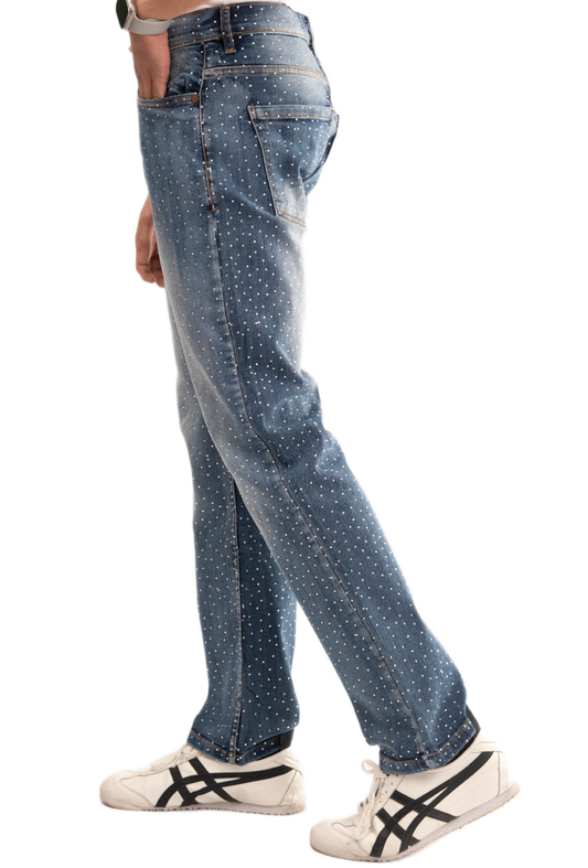 BTEXPERT Mens Ripped Jeans, Distressed Rhinestone Embellished Straight Leg Stretch Denim Pants, Fashion Streetwear Jeans for Men, Comfortable Casual Daily Wear M4 Blue 28