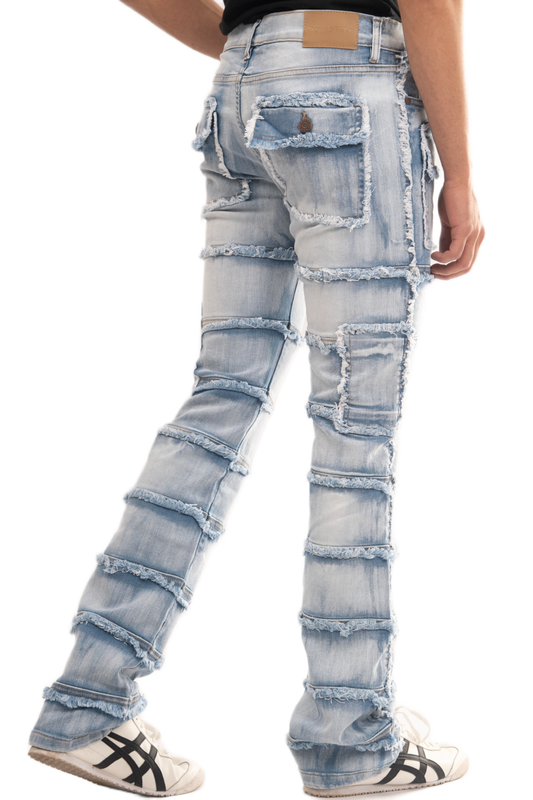 BTEXPERT Slim fit Straight leg Stretch Denim Jeans Cargo Pockets Distressed All Over Frayed Ripped Patchwork Stacked Design Streetwear Light Wash Statement Pants For Men Urban Style M5 Light Blue 38