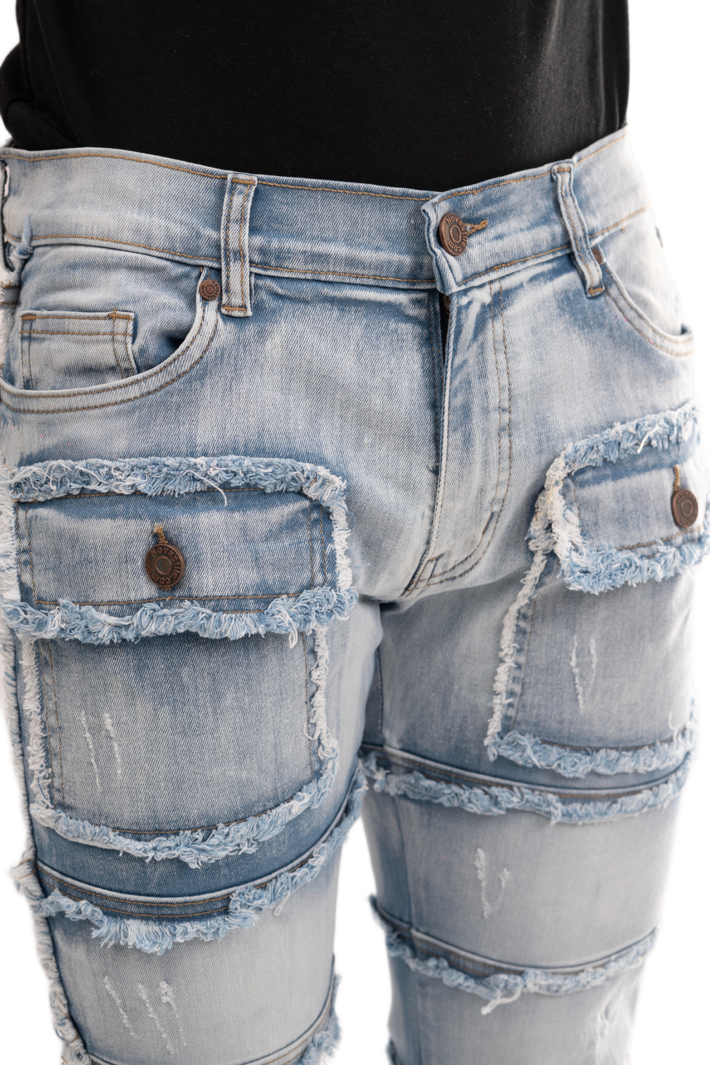 NOVASTILE Slim fit Straight leg Stretch Denim Jeans Cargo Pockets Distressed All Over Frayed Ripped Patchwork Stacked Design Streetwear Light Wash Statement Pants For Men Urban Style M5 Light Blue 32