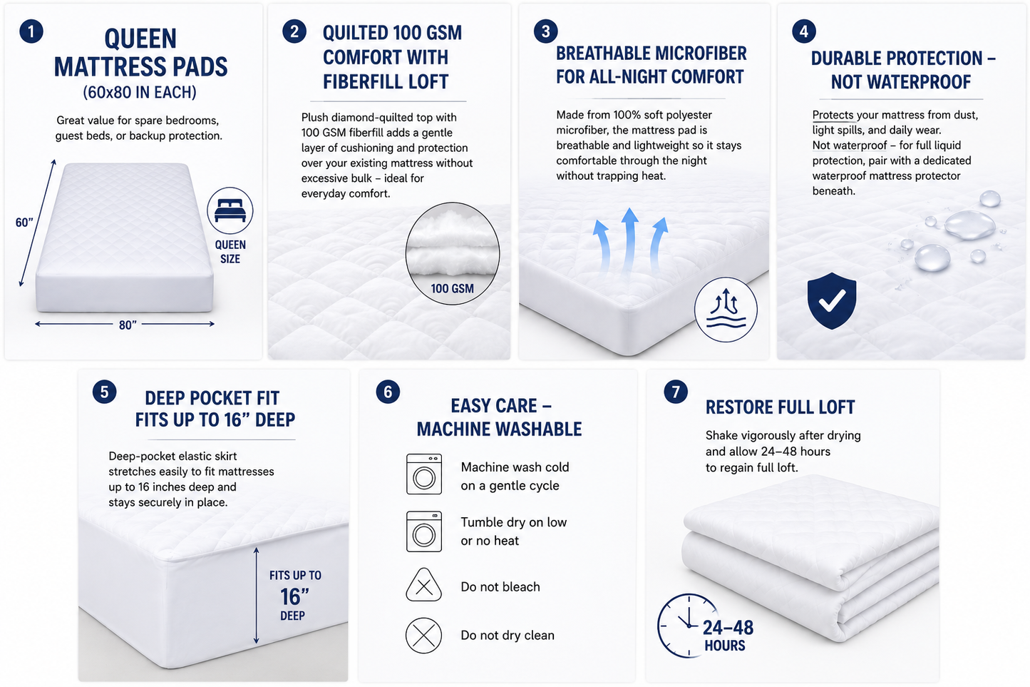 Queen Mattress Pad - 60x80 Inch Quilted Fitted Mattress Topper Protector, 100 GSM, Deep Pocket Fits Up to 18 Inches, Soft & Machine Washable