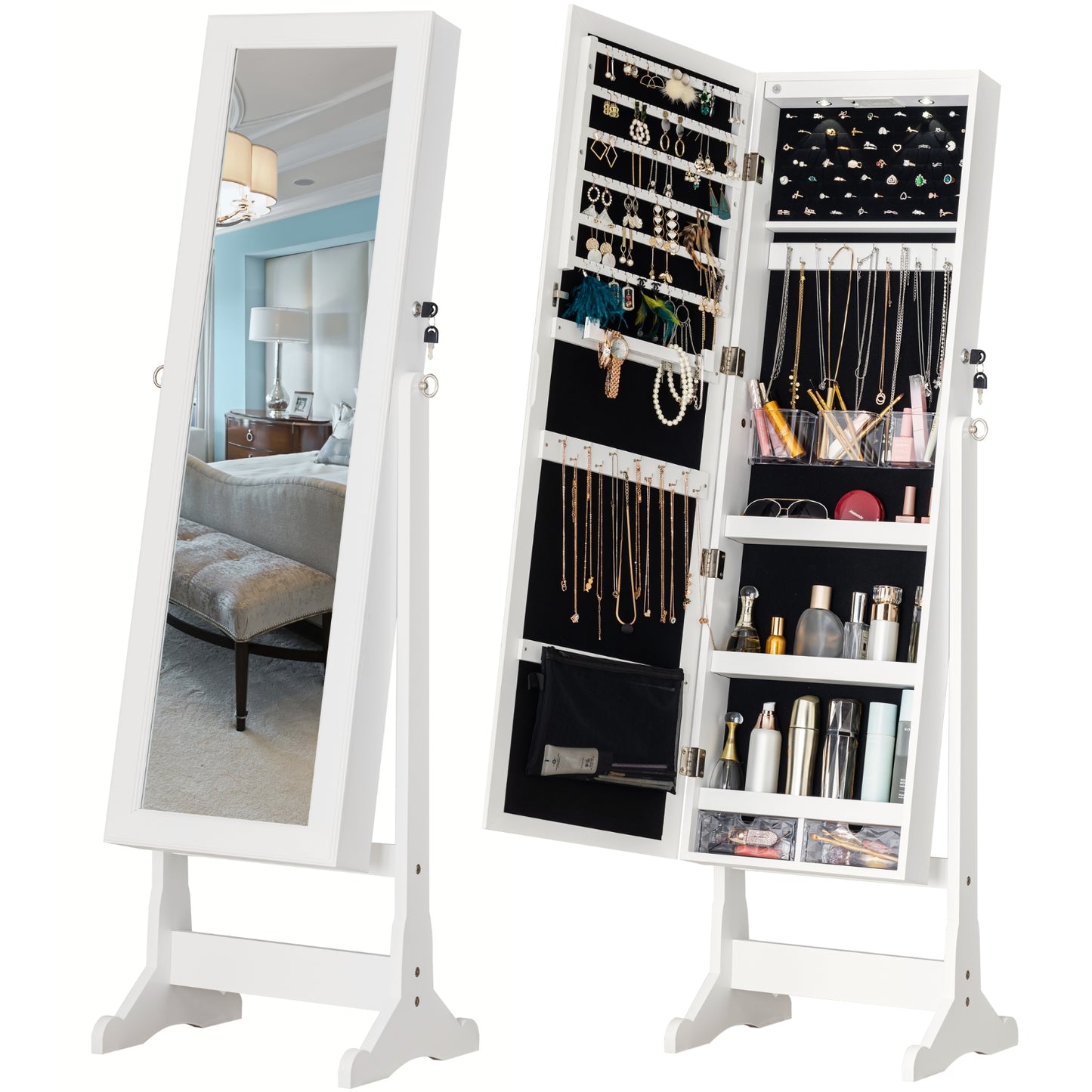 BTEXPERT Mirror Jewelry Cabinet Standing, Large Storage Jewelry Armoire, Full-Length Mirror with Jewelry Storage, 12 LED Lockable Standing Jewelry Organizer White