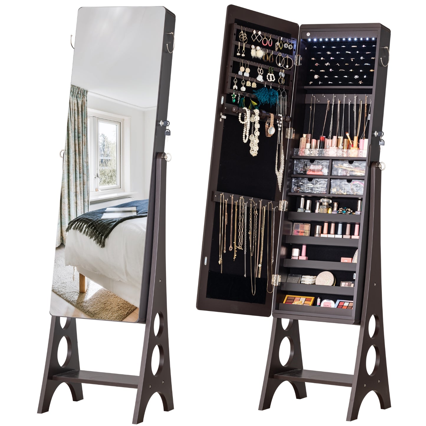 BTEXPERT Mirror Jewelry Cabinet Standing, Large Storage Jewelry Armoire, Full-Length Frameless Mirror with Jewelry Storage, 12 LED Lockable Standing Jewelry Organizer Brown