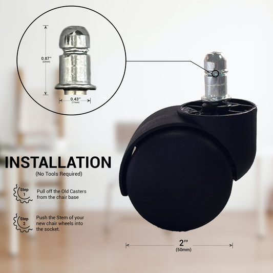 BTExpert 2" Office Chair Wheels, Heavy-Duty Casters for Desk/Gaming, Floor-Safe, Quiet, Universal Fit – Set of 5 (Black)